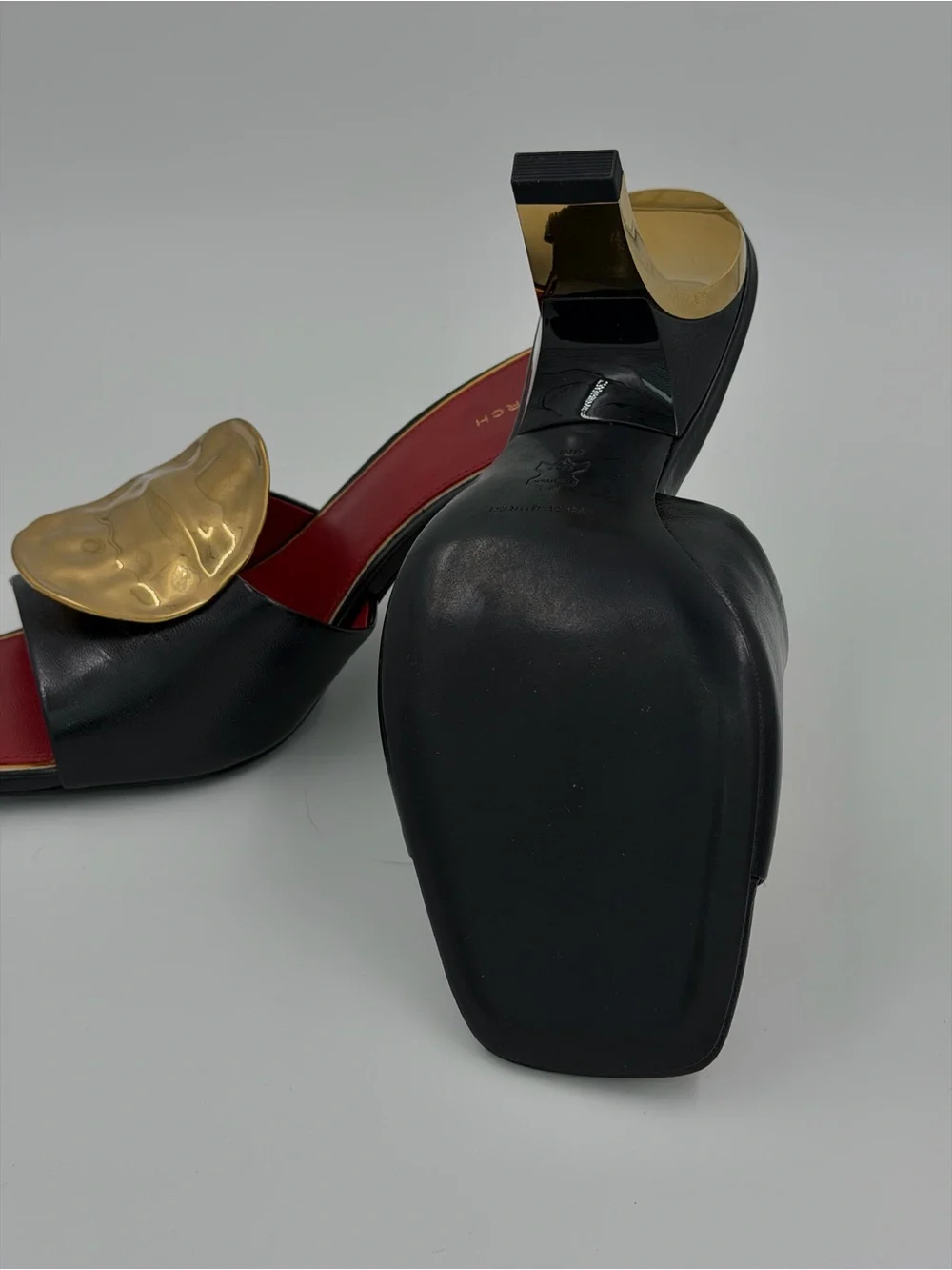 Tory Burch Patos Mismatch Heel Sandals – Black/Red/Gold – Size 8 – New in Box
